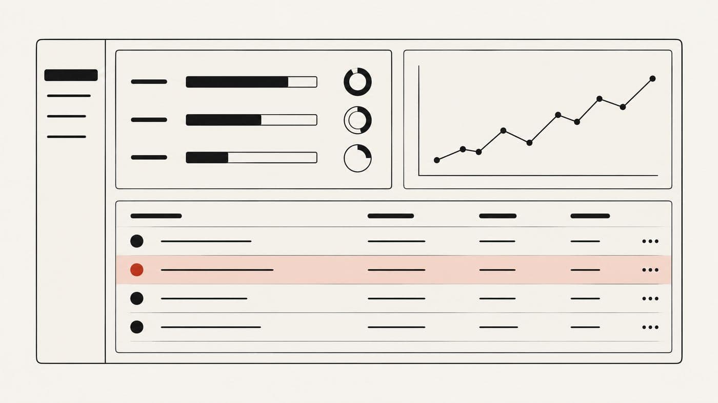 Illustration of an operations dashboard showing utilization bars, a trend line and one flagged project